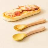 2PCS Baby Learning Spoons Utensils Set Food Grade Wooden Handle Silicone Spoon Fork Cutlery Training Spoon Feeding Tableware