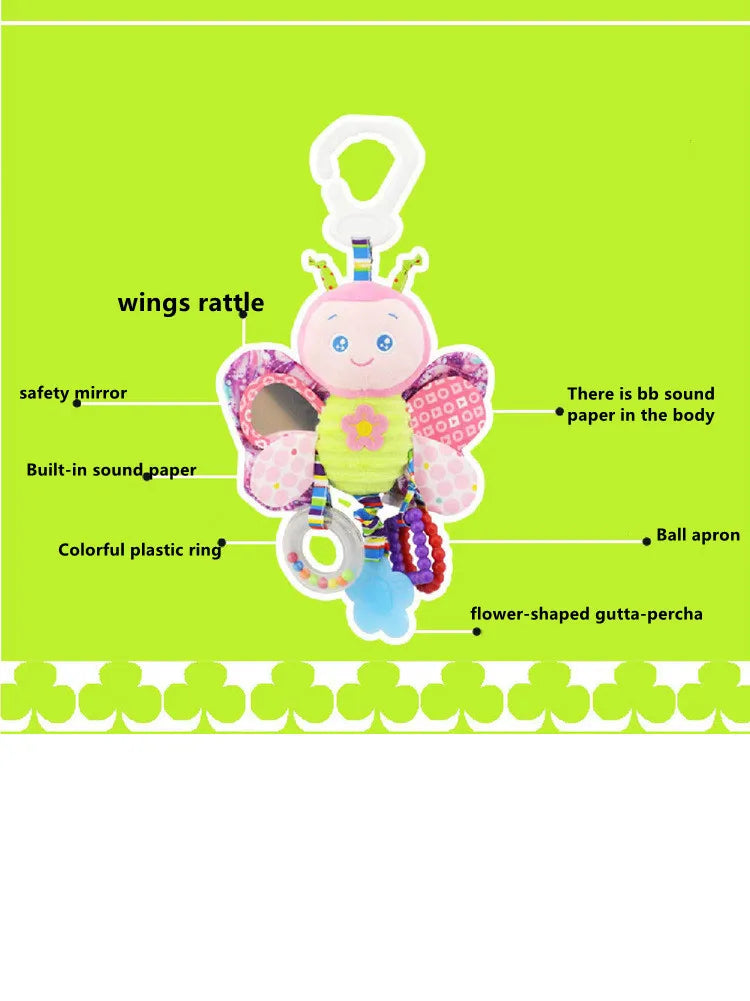 Plush Animal Wind Chime Teether Soft Hanging Crinkle Squeaky Sensory Learning Toy for Stroller Car Seat Crib Travel for Babies
