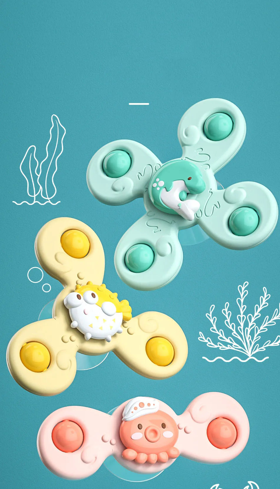 3Pcs/Set Baby Bath Toys Funny Bathing Sucker Spinner Suction Cup Cartoon Rattles Fidget Educational Toys Suction Cup Spinning
