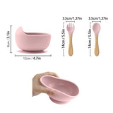 3Pcs Silicone Baby Feeding Bowl Set Baby Learning Dishes Suction Bowl Set Wood Spoon Fork Children Tableware Baby Stuff