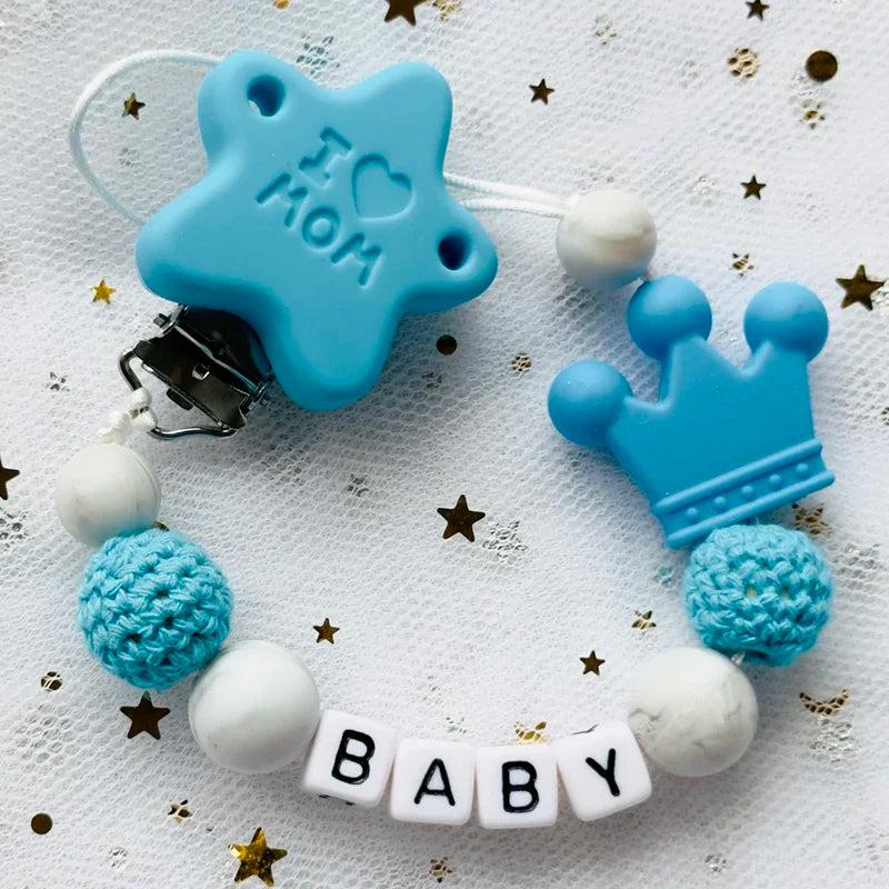 NEW Custom Personalized Name Pacifier Clip Handmade Beech Wooden Chain Silicone Crown Holder Soother Baby Teething Toy Chew Gift