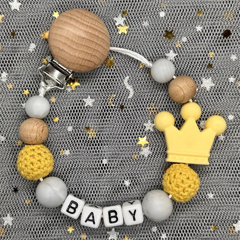 NEW Custom Personalized Name Pacifier Clip Handmade Beech Wooden Chain Silicone Crown Holder Soother Baby Teething Toy Chew Gift