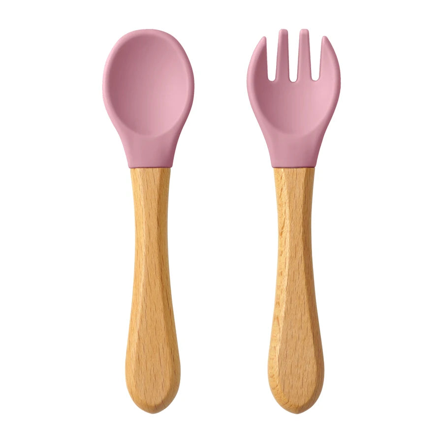 2PCS Baby Learning Spoons Utensils Set Food Grade Wooden Handle Silicone Spoon Fork Cutlery Training Spoon Feeding Tableware