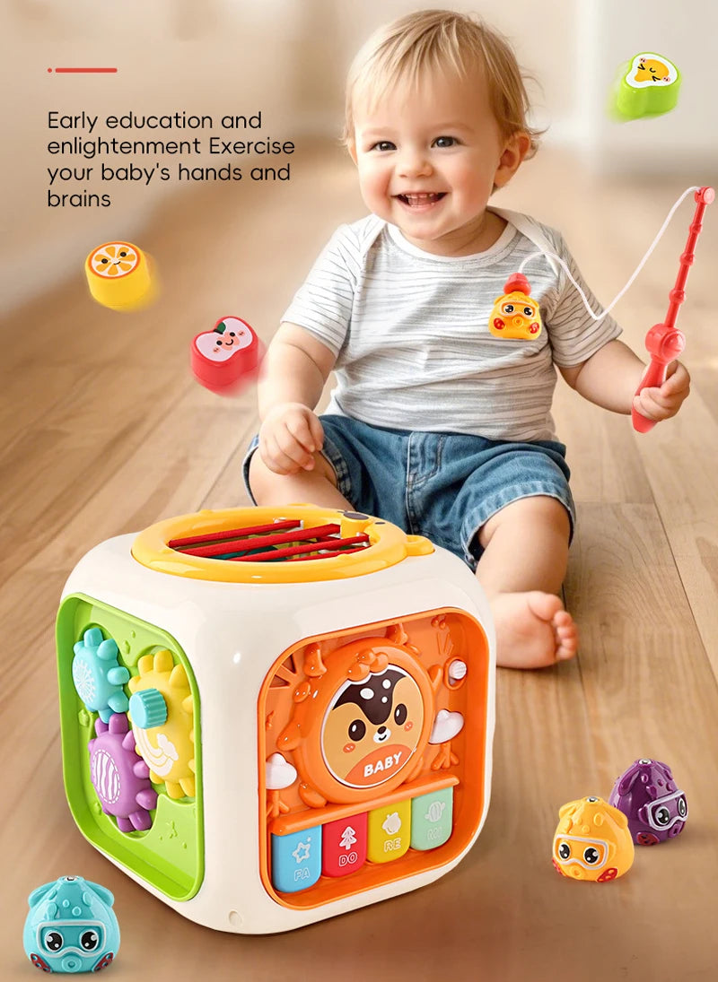 6 In 1 Activity Cube For Babies And Toddlers With Music And Light - Montessori Shape Sorter Learning Toy 1-3 Car Seat Travel Toy