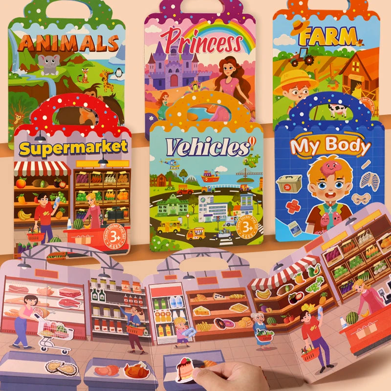 Children Portable Quiet Busy Paste A Book DIY Reusable Sticker Books Multi-scene Bubble Sticker Jelly Paste Sticker Toys