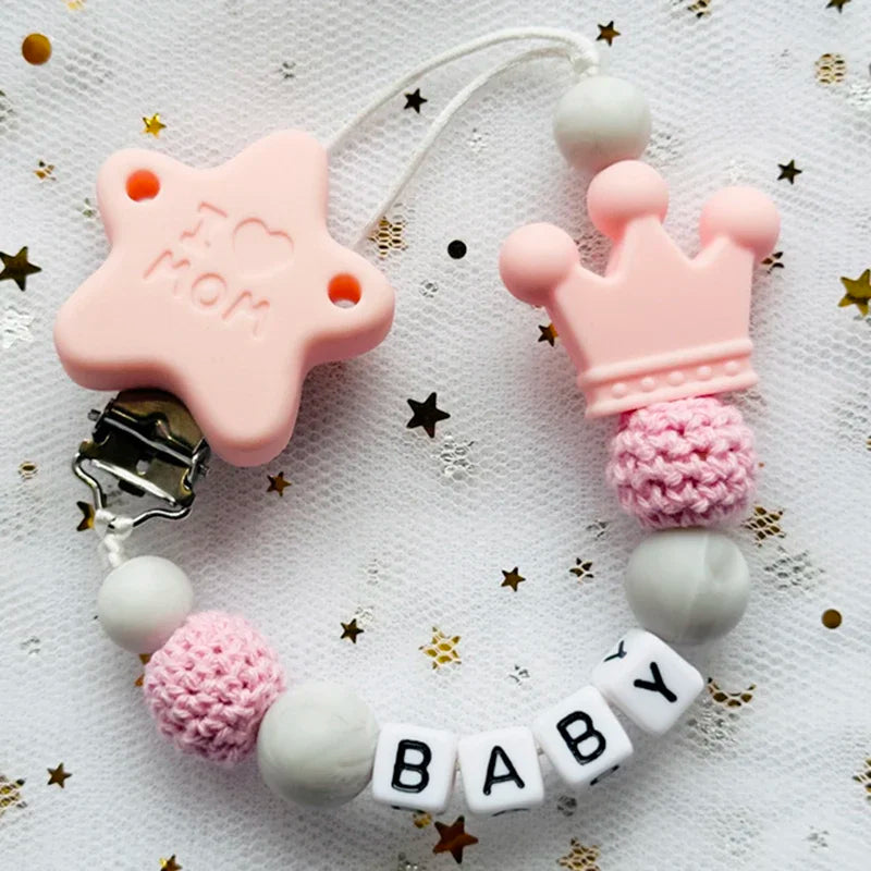 NEW Custom Personalized Name Pacifier Clip Handmade Beech Wooden Chain Silicone Crown Holder Soother Baby Teething Toy Chew Gift