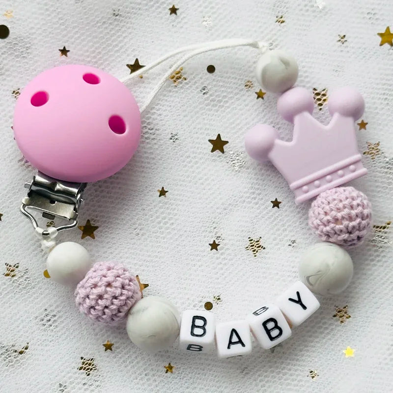 NEW Custom Personalized Name Pacifier Clip Handmade Beech Wooden Chain Silicone Crown Holder Soother Baby Teething Toy Chew Gift