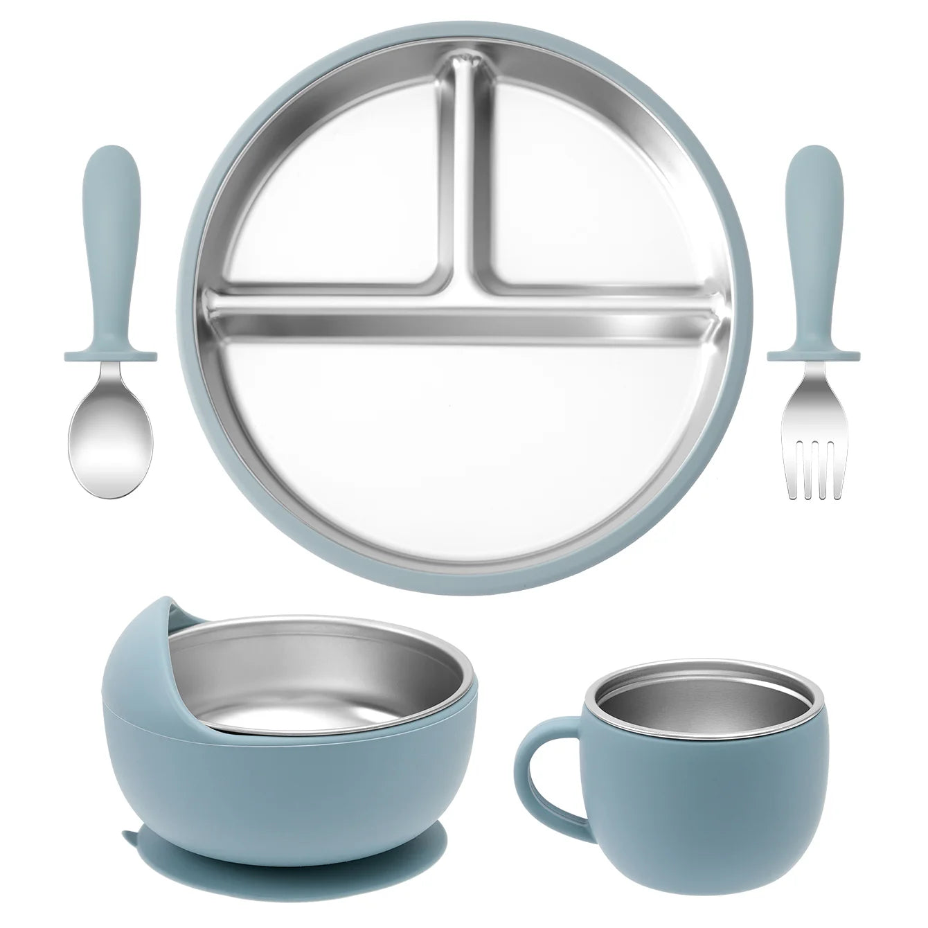 5PCS Stainless Steel Dishes Plate Baby Feeding Set With Detachable Silicone Sucker Bowl BPA Free Infant Fork Spoon Cup Gifts