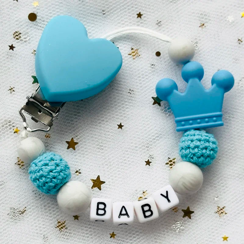 NEW Custom Personalized Name Pacifier Clip Handmade Beech Wooden Chain Silicone Crown Holder Soother Baby Teething Toy Chew Gift