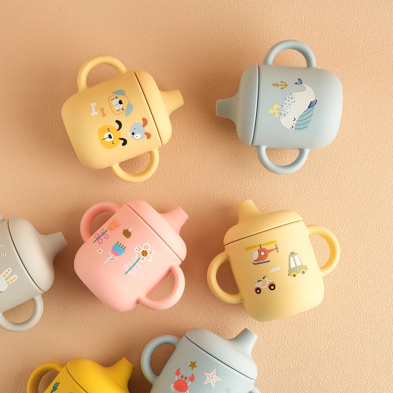 1PCS Cartoon Silicone Baby Feeding Cup BPA Free Leak Proof Training Cup With Handle Travel Friendly Dishwasher Safe Baby Stuff