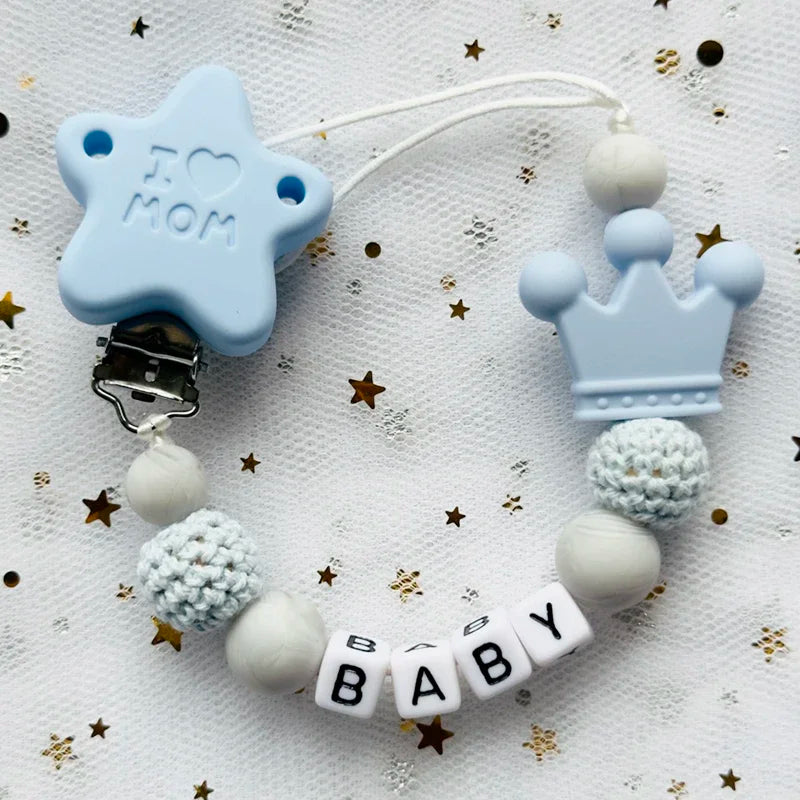 NEW Custom Personalized Name Pacifier Clip Handmade Beech Wooden Chain Silicone Crown Holder Soother Baby Teething Toy Chew Gift