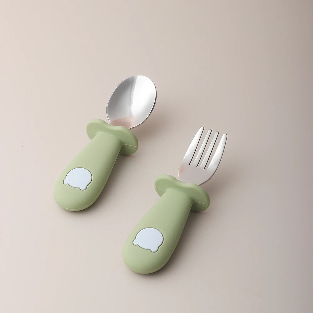 Baby panda shape silicone spoon and fork stainless steel baby feeding spoon