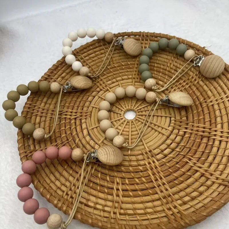 Beech Wood Chew Silicone Bead Pacifier Clips Dummy Chain Holder Newborn Soother Chains Nipple Holder Baby Teething Toys Gifts
