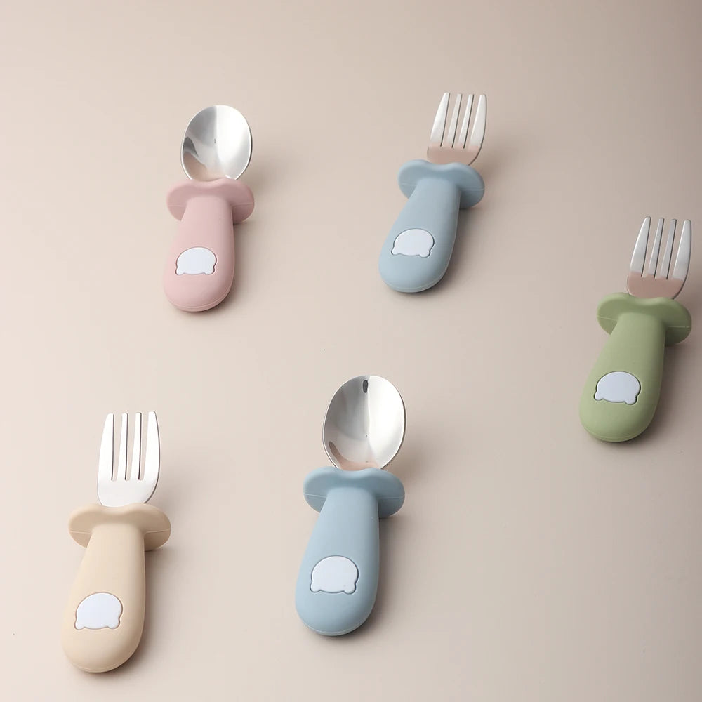 Baby panda shape silicone spoon and fork stainless steel baby feeding spoon