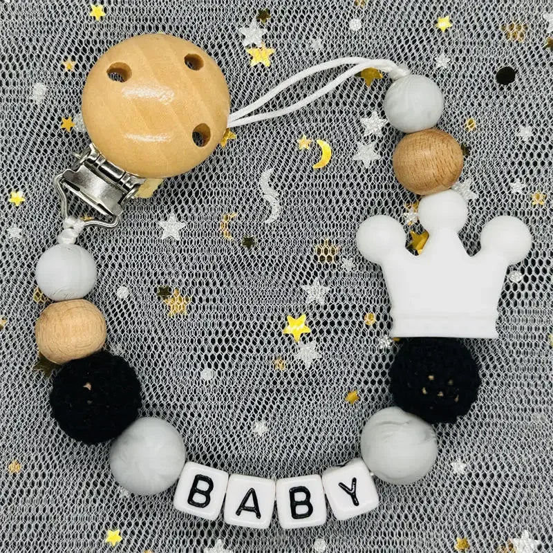 NEW Custom Personalized Name Pacifier Clip Handmade Beech Wooden Chain Silicone Crown Holder Soother Baby Teething Toy Chew Gift