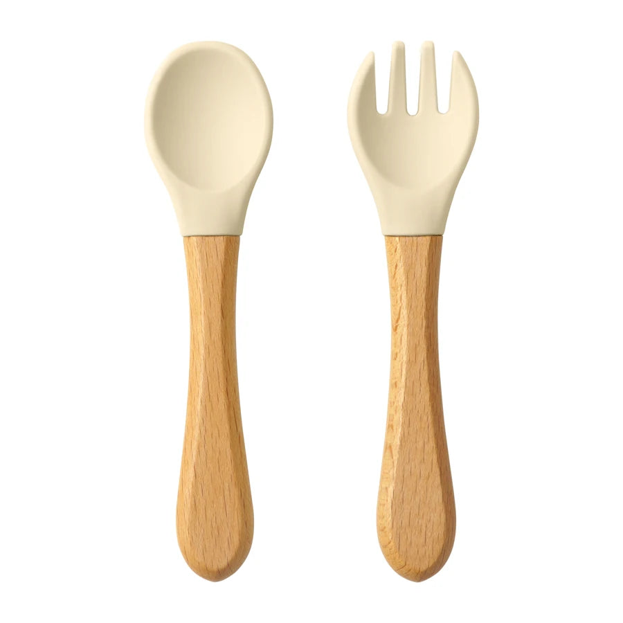 2PCS Baby Learning Spoons Utensils Set Food Grade Wooden Handle Silicone Spoon Fork Cutlery Training Spoon Feeding Tableware