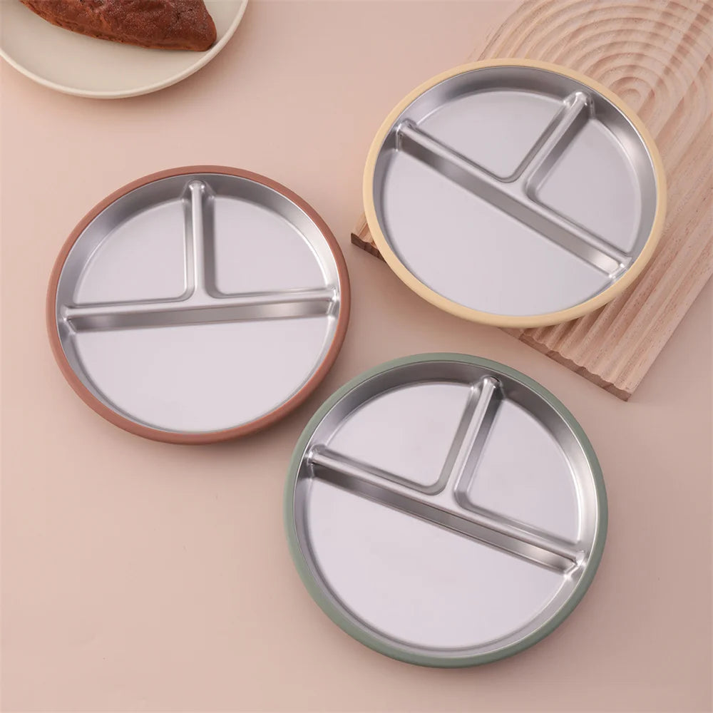 Color Kids 1PCS Stainless Steel Plate Detachable Suction Dishes Baby Feeding Sucker Bowl Food Grade Silicone Food Tray Tableware