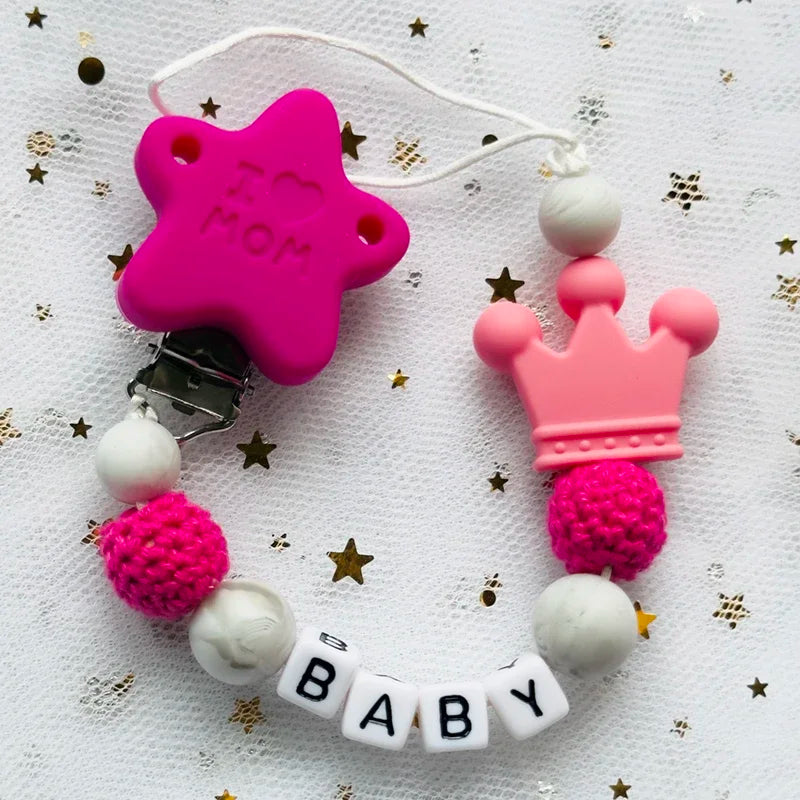 NEW Custom Personalized Name Pacifier Clip Handmade Beech Wooden Chain Silicone Crown Holder Soother Baby Teething Toy Chew Gift