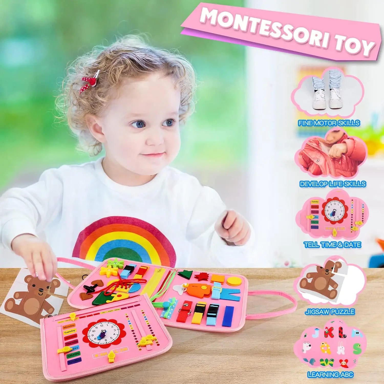 Montessori Busy Board for Toddlers | Foldable Sensory Activity Travel Toy