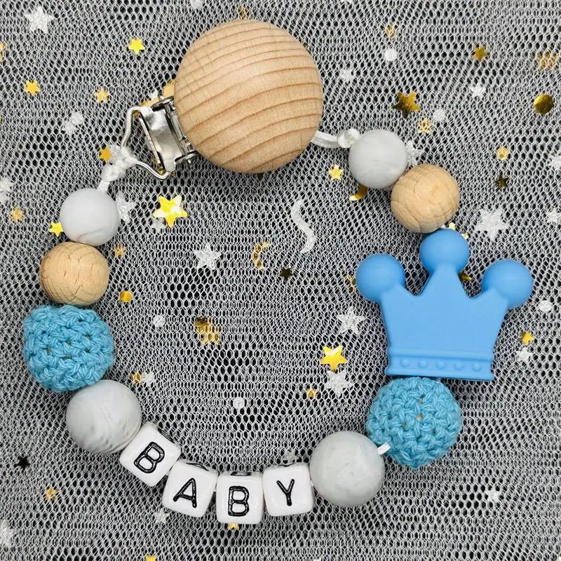 NEW Custom Personalized Name Pacifier Clip Handmade Beech Wooden Chain Silicone Crown Holder Soother Baby Teething Toy Chew Gift