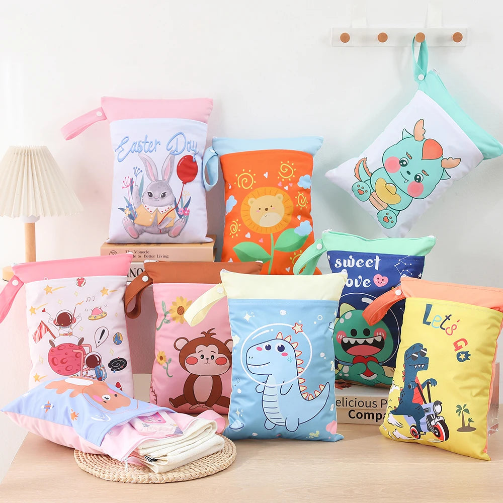 Babyshow 1PC Washable Wet Dry Bag Wetbag for Baby Diapers Nappies Waterproof Reusable Diaper Bag with Two Zippers 25cmx35cm