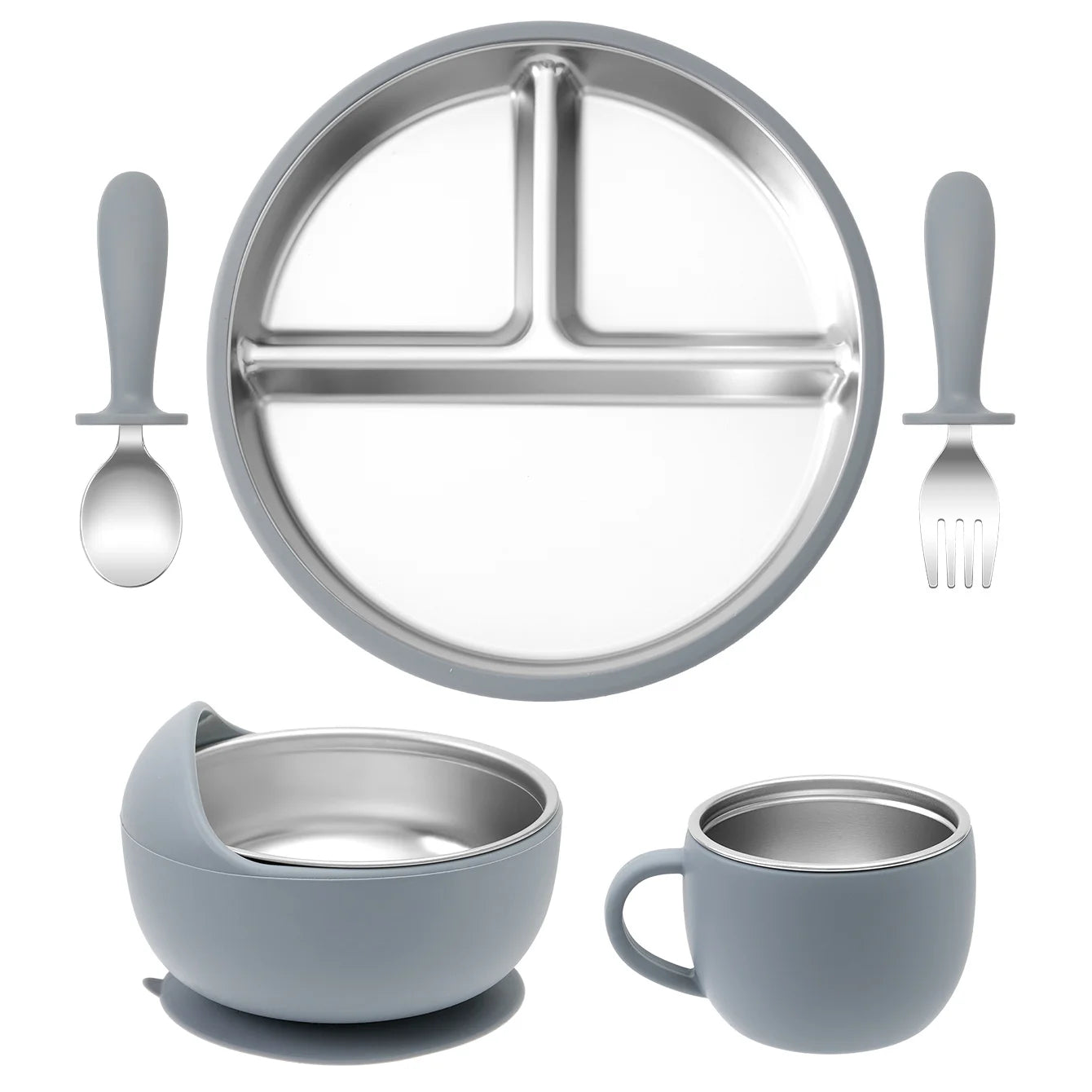 5PCS Stainless Steel Dishes Plate Baby Feeding Set With Detachable Silicone Sucker Bowl BPA Free Infant Fork Spoon Cup Gifts