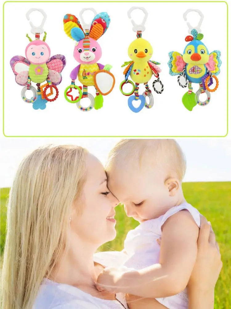 Plush Animal Wind Chime Teether Soft Hanging Crinkle Squeaky Sensory Learning Toy for Stroller Car Seat Crib Travel for Babies