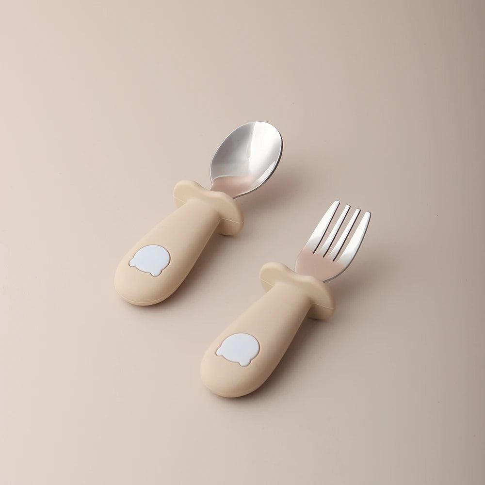 Baby panda shape silicone spoon and fork stainless steel baby feeding spoon