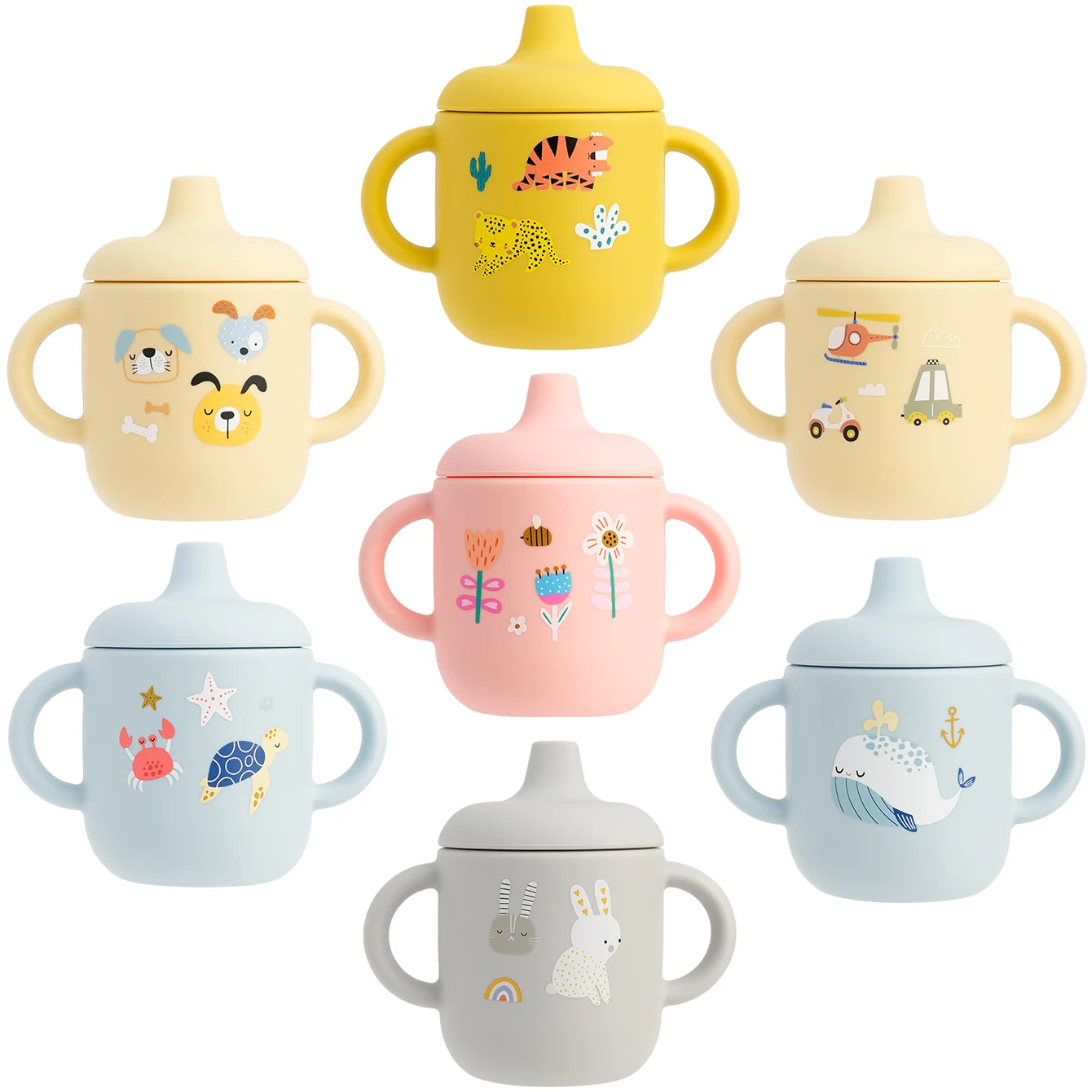 1PCS Cartoon Silicone Baby Feeding Cup BPA Free Leak Proof Training Cup With Handle Travel Friendly Dishwasher Safe Baby Stuff