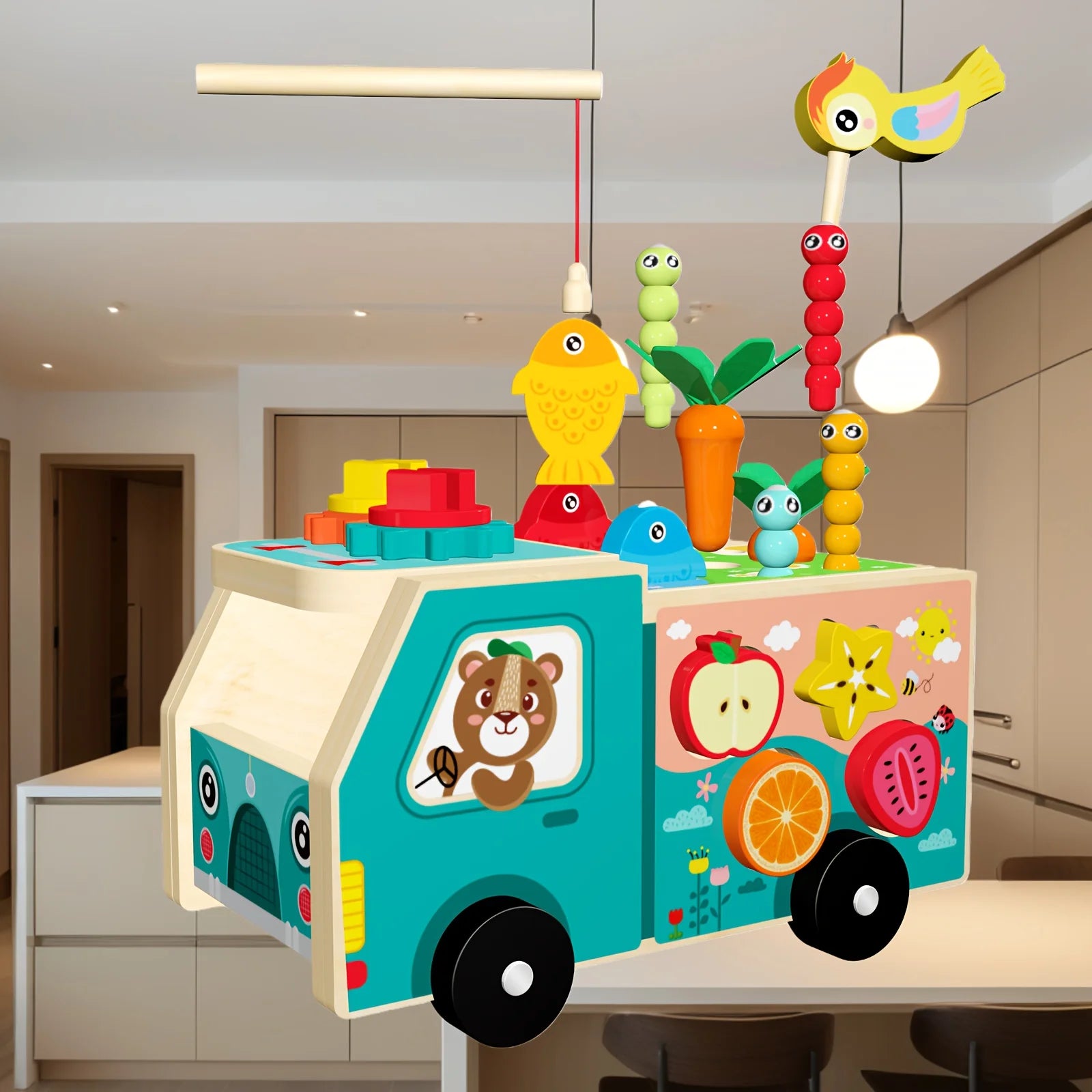 Montessori Farm Truck Activity Toy – Wooden Hammer, Sorting & Sensory Learning Toy for Toddlers