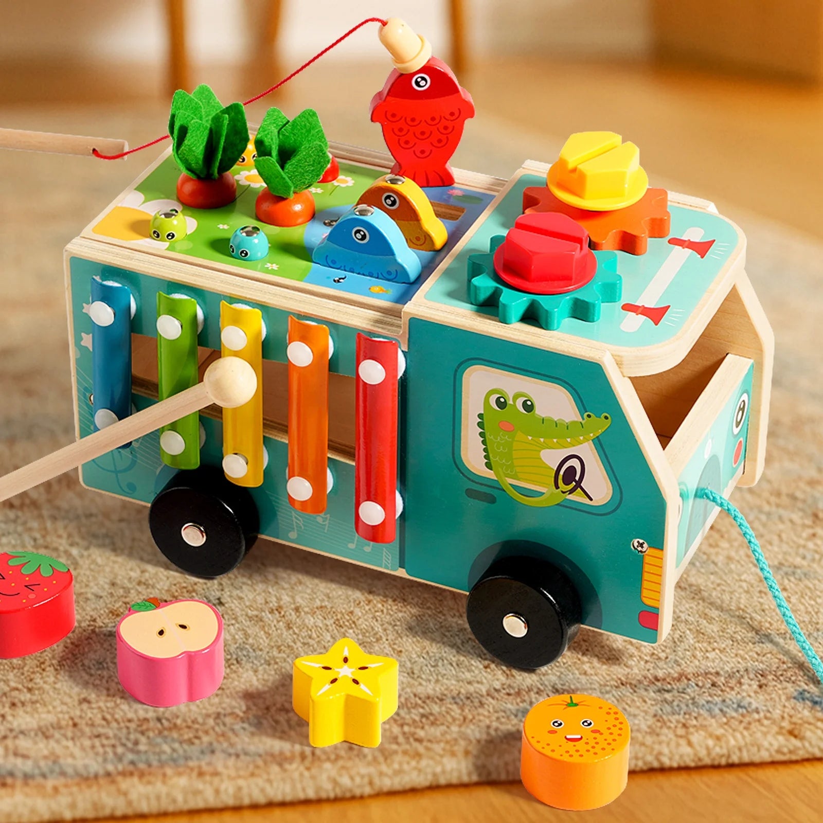 Montessori Farm Truck Activity Toy – Wooden Hammer, Sorting & Sensory Learning Toy for Toddlers