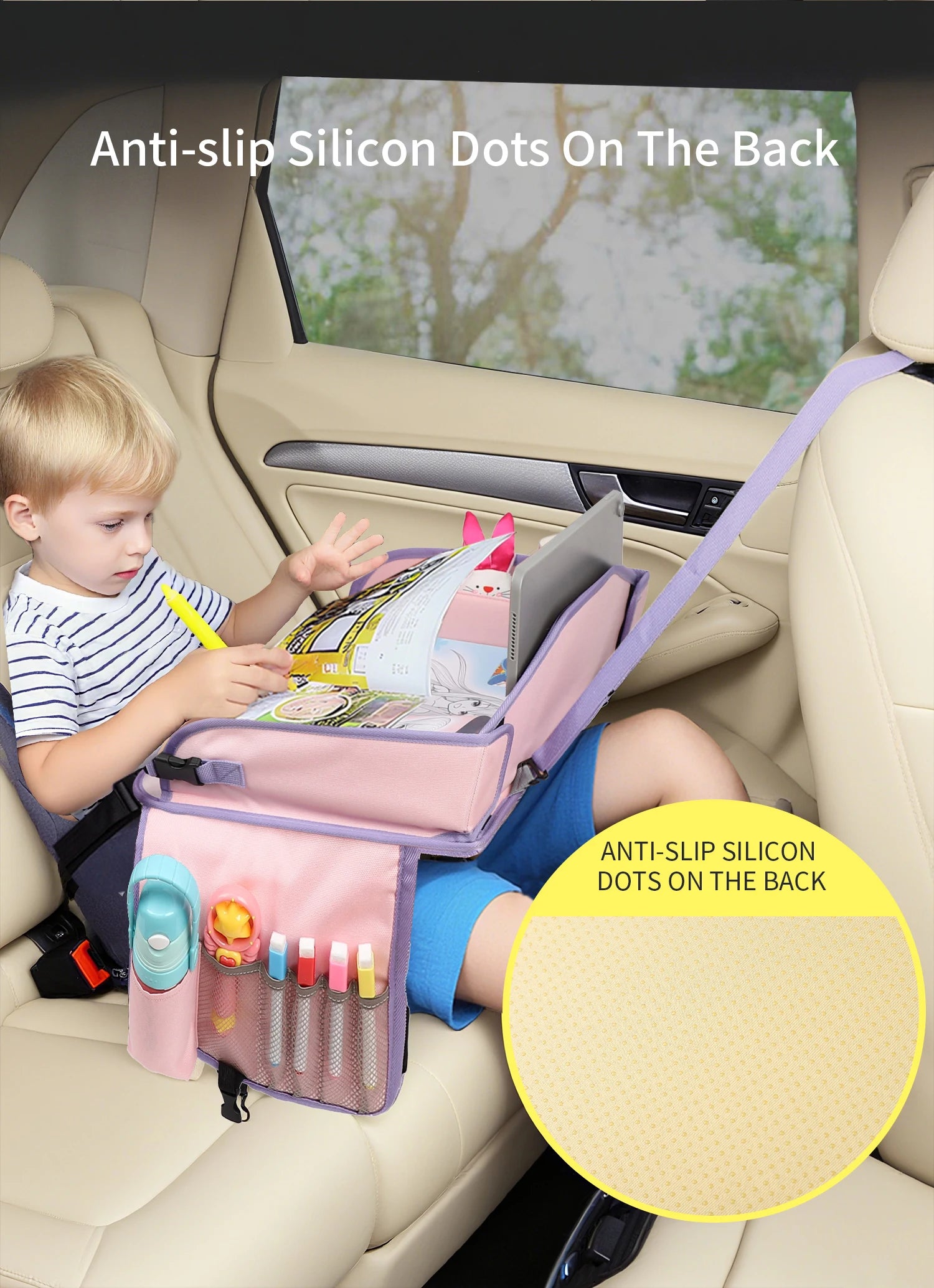 Vehicle-mounted Painting Board Waterproof Child Travel Tray for Car Seat Portable Safety Seat Storage Mesh Pocket Large Capacity