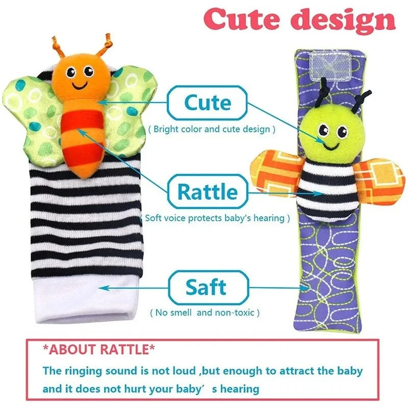 4Pcs Baby Toy 0-12 Months Baby Rattles Toys Animal Socks Wrist Strap + Rattle Baby Foot Socks Bug Wrist Strap Baby Socks New