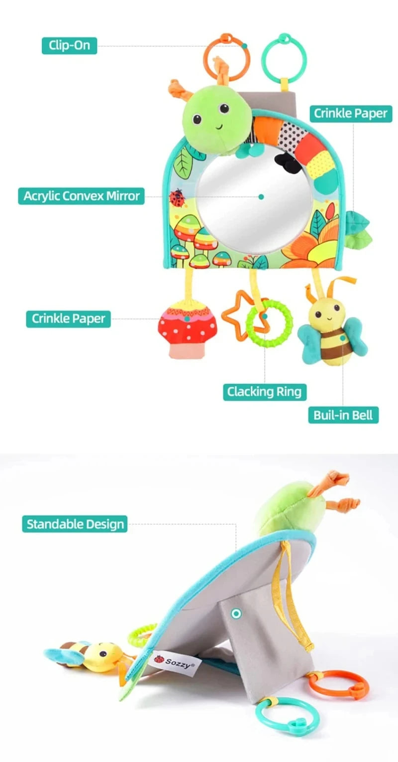 Baby Car Mirror Back Seat Rear View Mirror Cartoon Animal Plush Toys For Baby Rear Facing 6 12 Months Infant Travel Sensory Toys