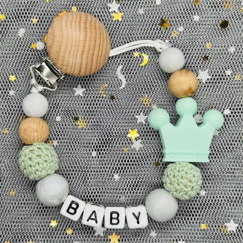 NEW Custom Personalized Name Pacifier Clip Handmade Beech Wooden Chain Silicone Crown Holder Soother Baby Teething Toy Chew Gift