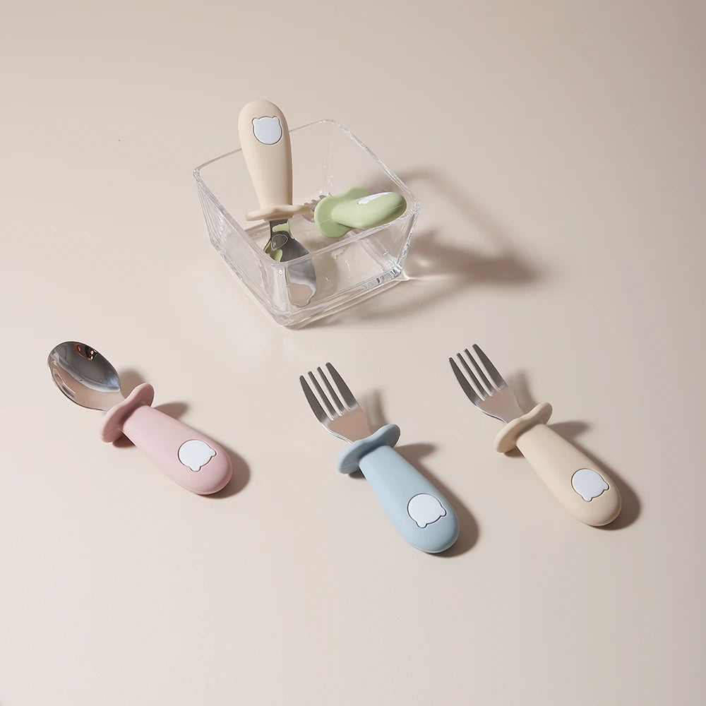 Baby panda shape silicone spoon and fork stainless steel baby feeding spoon