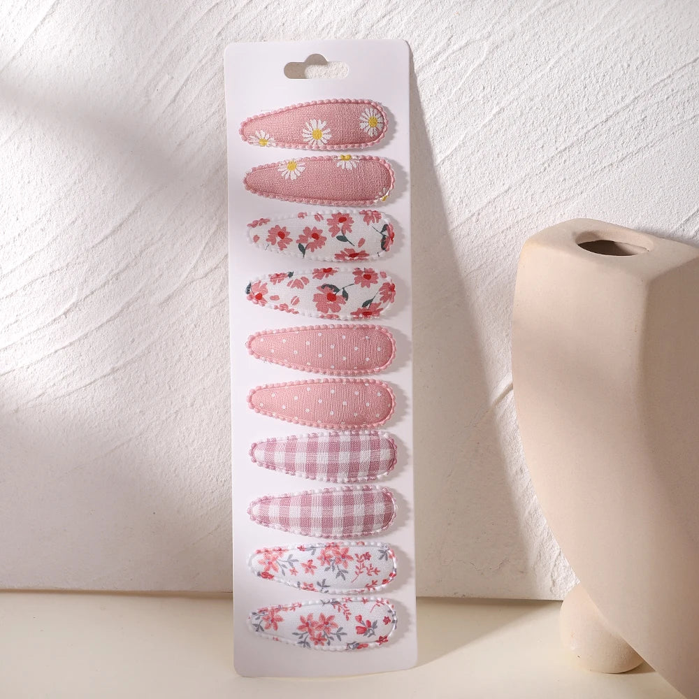 10Pcs/Lot Newborn Print Cotton Alloy Hair Bow Snap Clips Set Fabric Plaid Hairpins Girls Kids Headwear Baby Hair Accessories