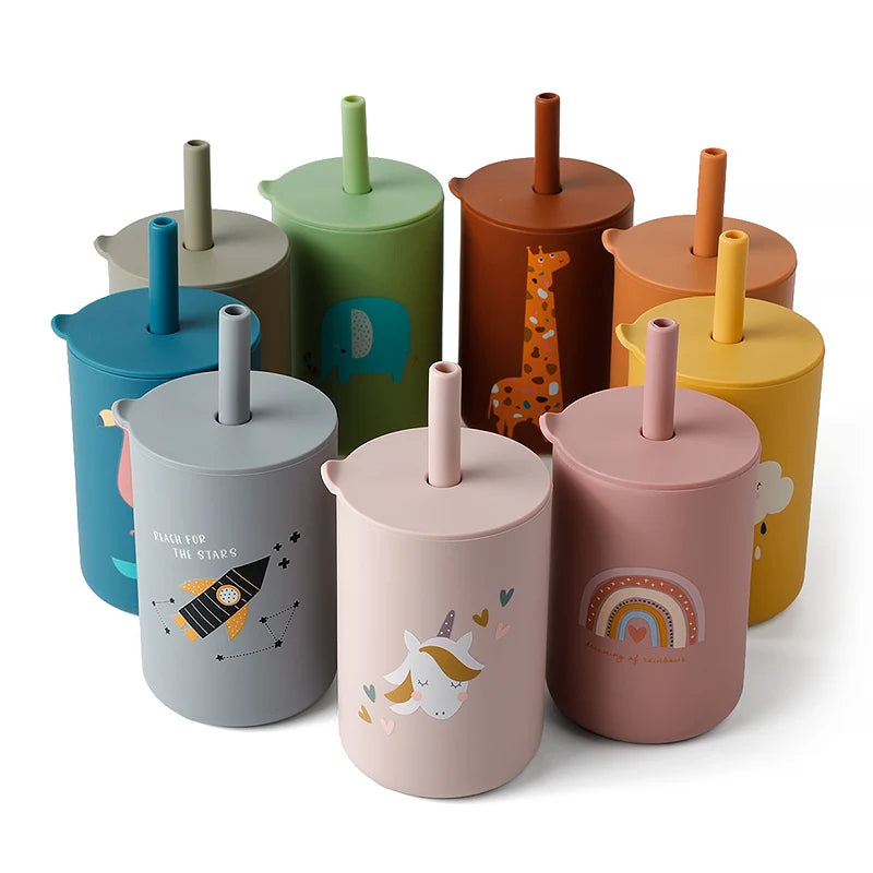 Baby Feeding Drinkware Straw Cup Baby Cartoon Learning Feeding Cup Food Grade Silicone Toddler Water Bottle Tableware BPA Free