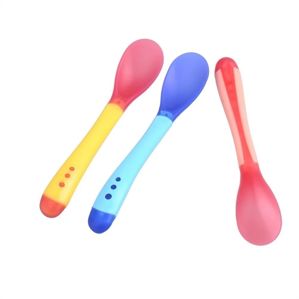 3pcs/set Safety Temperature Sensing Baby Silicon Spoon Kids Children Flatware Feeding Spoon