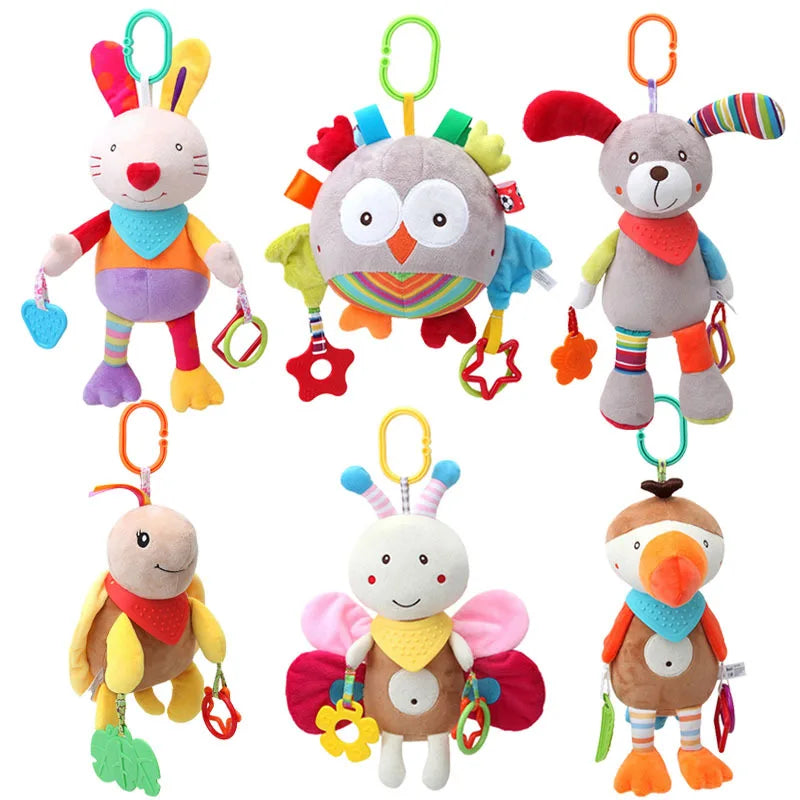 Plush Animal Wind Chime Teether Soft Hanging Crinkle Squeaky Sensory Learning Toy for Stroller Car Seat Crib Travel for Babies