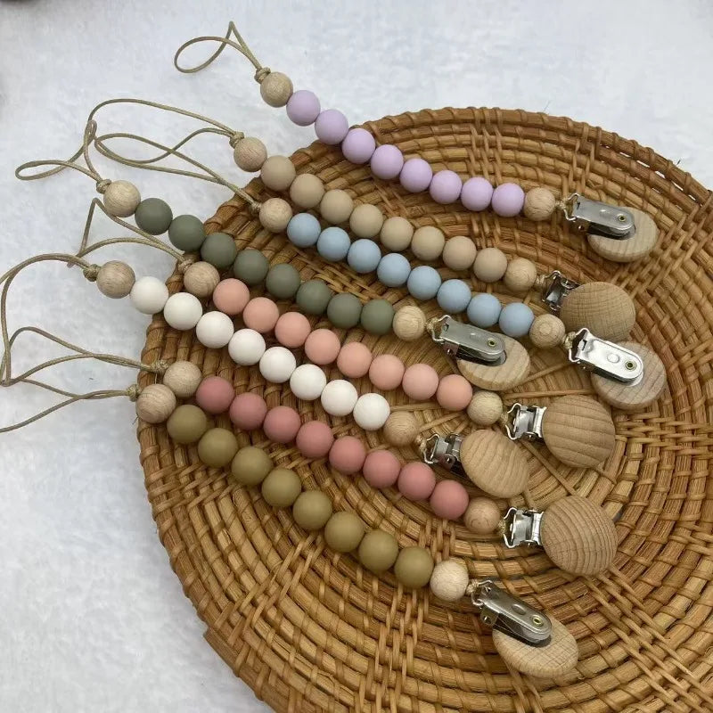 Beech Wood Chew Silicone Bead Pacifier Clips Dummy Chain Holder Newborn Soother Chains Nipple Holder Baby Teething Toys Gifts