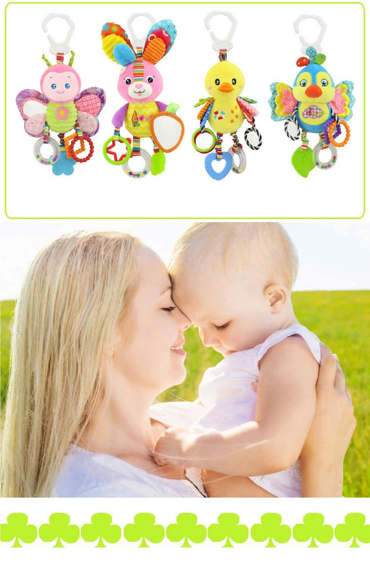 Plush Animal Wind Chime Teether Soft Hanging Crinkle Squeaky Sensory Learning Toy for Stroller Car Seat Crib Travel for Babies