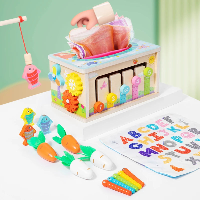 Montessori Baby Tissue Box Toy – Sensory Pulling Toy for Fine Motor Skills