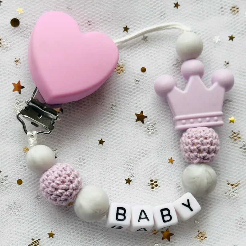 NEW Custom Personalized Name Pacifier Clip Handmade Beech Wooden Chain Silicone Crown Holder Soother Baby Teething Toy Chew Gift