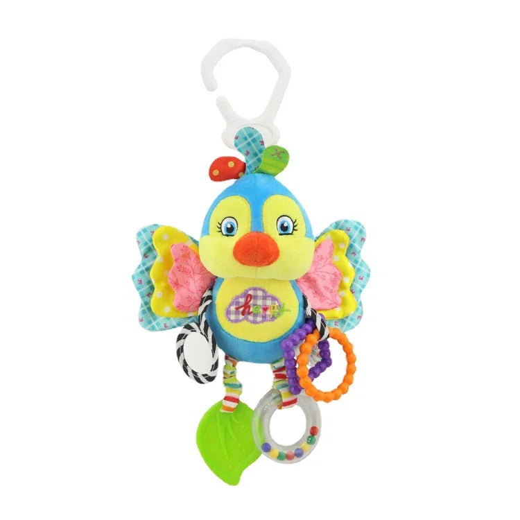 Plush Animal Wind Chime Teether Soft Hanging Crinkle Squeaky Sensory Learning Toy for Stroller Car Seat Crib Travel for Babies