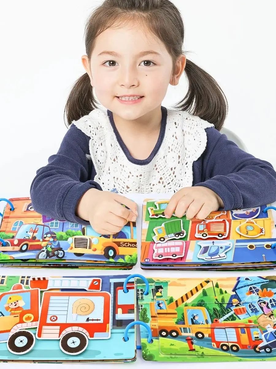 Children's Early Education Educational Interactive Busy Book, Reusable Traffic Theme Quiet Book, Vehicle Enlightenment Cognitive Shape Color Matching Puzzle Game, DIY Toy to Cultivate Hands-On Ability, Holiday Gift Suitable f
