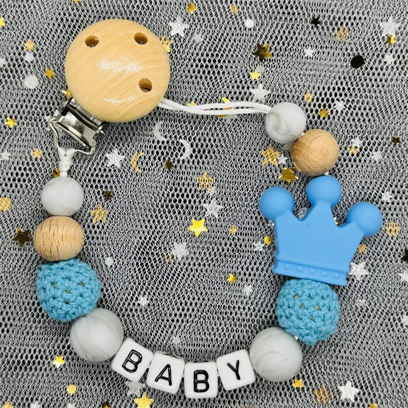 NEW Custom Personalized Name Pacifier Clip Handmade Beech Wooden Chain Silicone Crown Holder Soother Baby Teething Toy Chew Gift