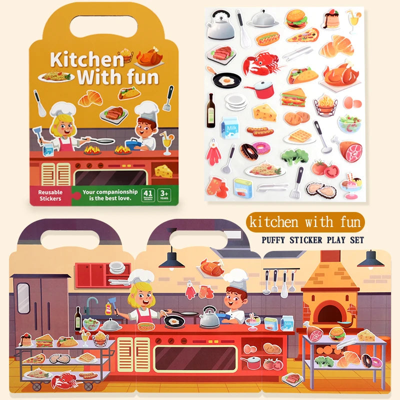 Children DIY Sticker Book Bubble Scene Sticker Jelly Paste Toy Kids Portable Reusable Quiet Busy Paste A Book