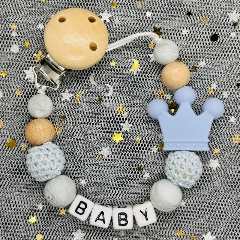 NEW Custom Personalized Name Pacifier Clip Handmade Beech Wooden Chain Silicone Crown Holder Soother Baby Teething Toy Chew Gift