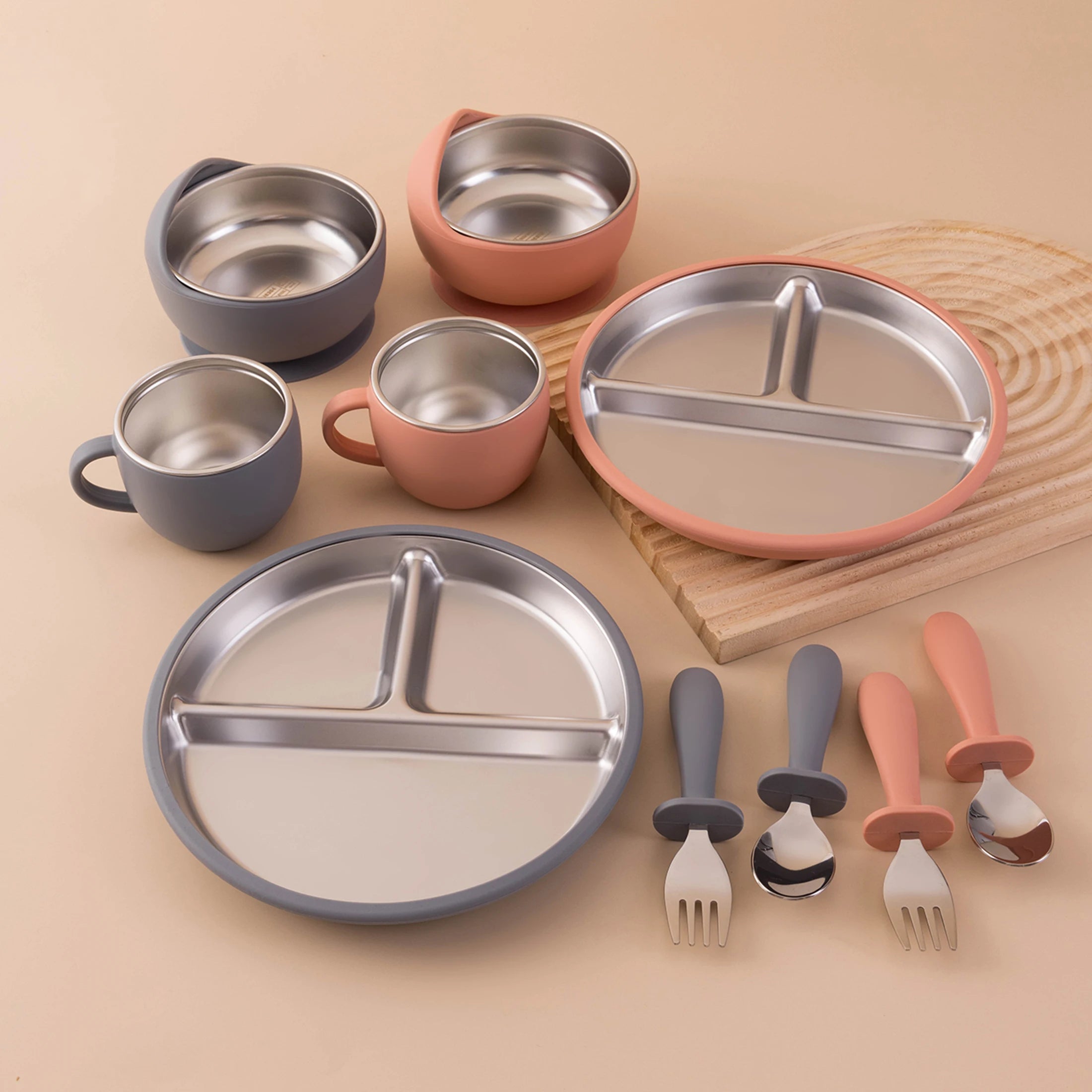 5PCS Stainless Steel Dishes Plate Baby Feeding Set With Detachable Silicone Sucker Bowl BPA Free Infant Fork Spoon Cup Gifts